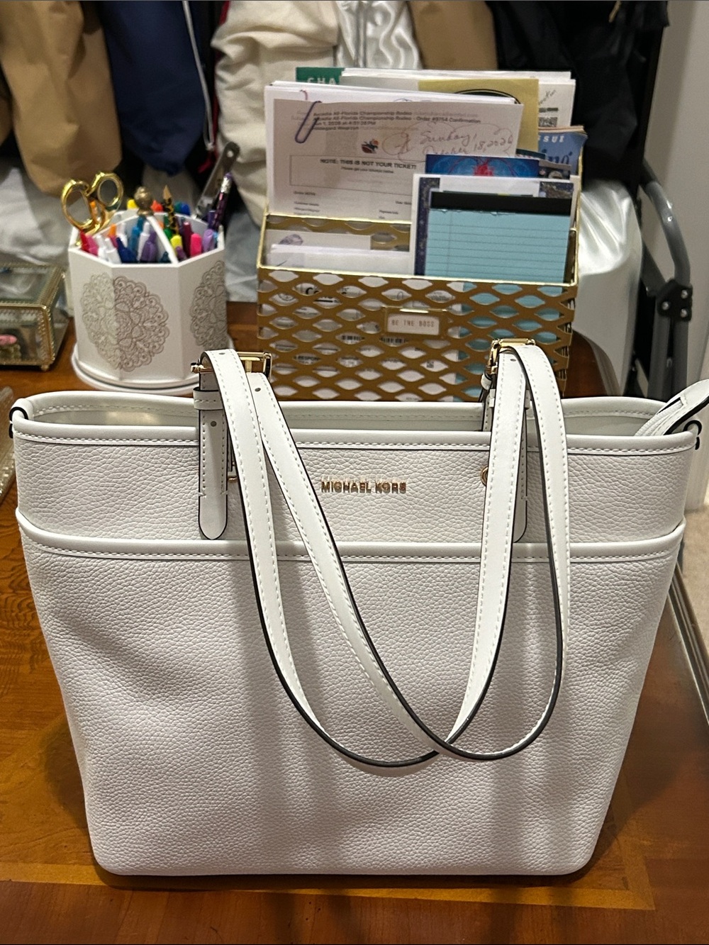 Michael Kors White Pebbled Leather Tote with Gold Logo